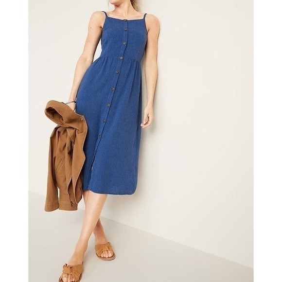 Old Navy Dresses & Skirts - Old Navy Linen Blend Midi Dress Chambray Blue Button Front Strappy Sz XL Coastal